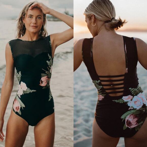 NWOT Black One Piece Floral Strappy Back Mesh Swimsuit - Picture 1 of 12